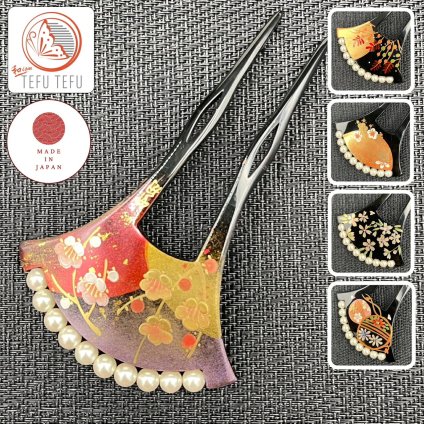 送料無料 髪飾り かんざし パール バチ型 扇形 蒔絵 普段使い 敬老の日 二本差し 【クリックポスト発送】結婚式 和装 着物 黒留袖 留袖 訪問着 振袖 お土産 プレゼント レトロ ヘアーアクセサリー 黒留袖 送料無料