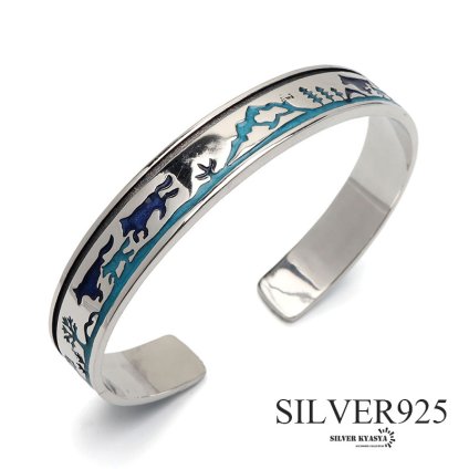 シルバー925 ウルフバングル メンズ 腕輪 一粒 シルバーバングル 銀 silver 雪山 オオカミ 平打ちバングル 金属アレルギー対応 ブレスレット 男性