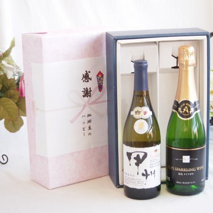 感謝の贈り物ボックス 山梨県甲州種ぶどう100%使用白ワインと国産ワインセット(塩尻ナイアガラスパークリング白ワインやや甘口(長野県)720mlシャンモリ柑橘香御坂甲州白ワイン(山梨県)750ml