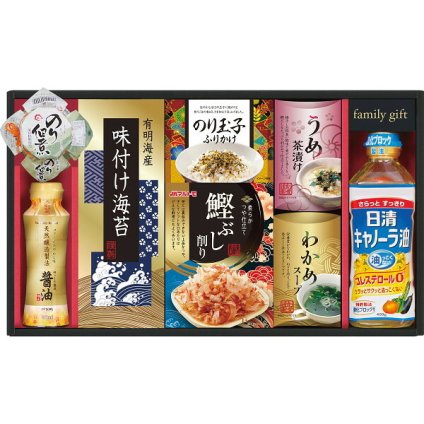日清オイリオ [26-7599-040] NSO-40A 食卓詰合せ 調味料 ギフト キャノーラ油 島の香 のり佃煮 味付海苔 わかめスープ 醸造しょうゆ お茶づけ 鰹節 内祝い 出産内祝い 結婚内祝い お返し プレゼント 贈り物