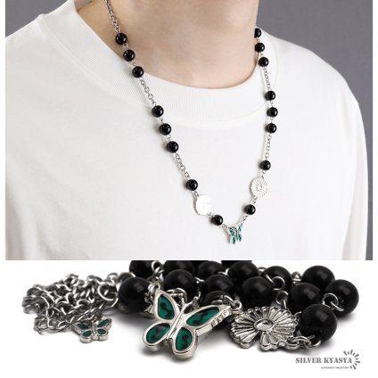 ネックレス メンズ パールネックレス 蝶 バタフライ 花 フラワー ストリート silver 銀色 green 緑色 black 黒色 金属 父の日 男性
