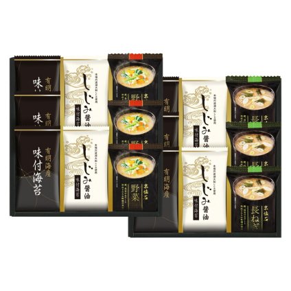 実りの秋の贈り物 マルコメフリーズドライみそ汁&有明海産味付海苔セット セット内容/有明海産味付海苔（8切8枚）×6、しじみ醤油味付海苔（8切8枚）×4、マルコメ京懐石おみそ汁（野菜（17.4g）･長ねぎ（15.7g））×各3