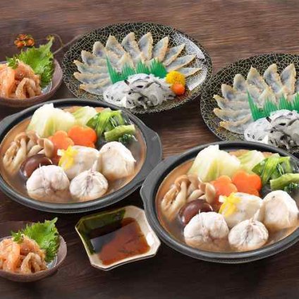 下関 関とら本店 ふぐ フグ 河豚 ふくたたき刺身 ふく個食鍋 セット 真ふぐ寄せ鍋 300g×2 真ふぐたたき 20g×2 とらふぐ皮 20g×2 とらふぐ塩辛 60g×2 てっちり てっさ 鍋セット 鍋 レンジで簡単 電子レンジ 時短