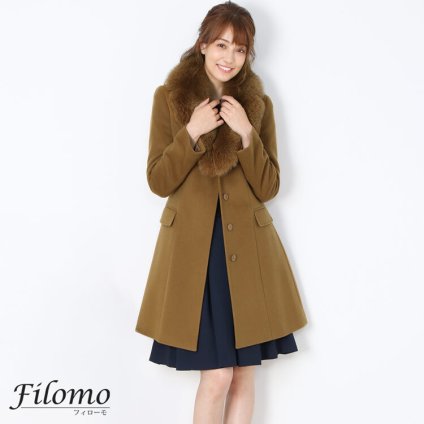 Filomo [フィローモ] カシミヤ ブレンド ウール コート フォックス ファー トリミング テーラーカラー 比翼仕立て ベルト 付き レディース モカ/キャメル/ブラック ギフト プレゼント 卒業式 入学式 母 7F (02000250r)