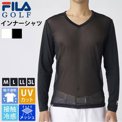 FILA GOLF フィラゴルフ ゴルフウェア Vネックインナー メンズ 長袖 春 夏 接触冷感 ひんやり 吸汗速乾 ドライ UVカット 紫外線対策 身頃切替メッシュ インナーウェア スポーツ ブランド ロゴ 黒 白 2026ss