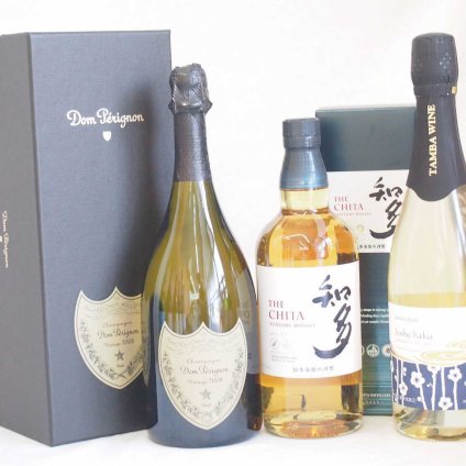 正規ドンペリと京都青谷産スパークリング城州白梅ワイン(甘口)　知多蒸留所謹製 知多 サントリーウイスキー シングルグレーンモルト ギフトBOX入り 700ml　3本セット