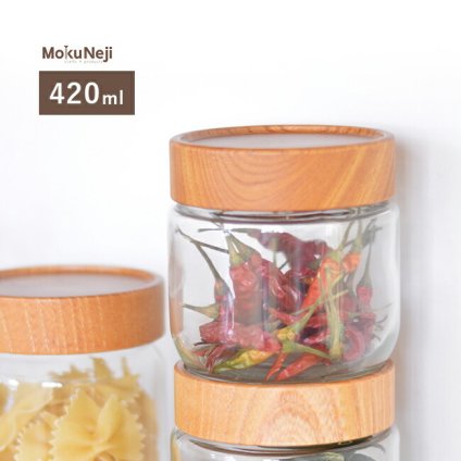 ◎mokuneji スタッキングポット ショート 420ml[ガラス 保存容器 木蓋 ガラスキャニスター 調味料 キャニスター おしゃれ 北欧 風 円形 日本製 保存ビン お菓子 ボトル 瓶 丸型 透明 木製 蓋 ふた]