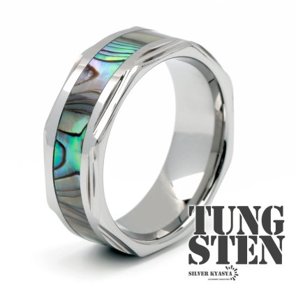タングステン シェル デザイン 幅8mm メタリック シルバー エッジカットリング 貝 金属アレルギー対応 ごつめ 指輪