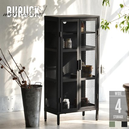 BURUCK ワイドメッシュキャビネット 4段 BRLS0331 メタルラック リビング収納 インダストリアル レトロ 角型 スチール ラック収納 スチールラック スチールシェルフ 扉付き メタルシェルフ 新生活