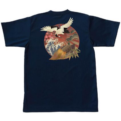 染め抜き Ｔシャツ 半袖 綿100％ 鶴亀 メンズ 紺 S～XL