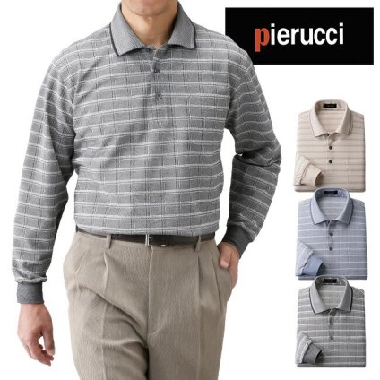Pierucci ピエルッチ 格子柄長袖ポロシャツ 3色組 NE-2034[ポロシャツ メンズ 長袖 長袖ポロシャツ 男性 男性用 紳士用 3色組 3色セット まとめ買い 色違い トップス 紳士服 ファッション カジュアル ブルー チャコール ベージュ]
