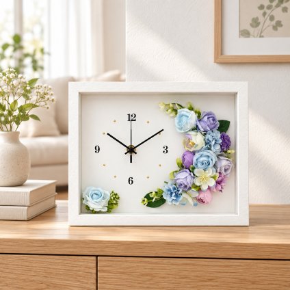 ◆花時計 ラージサイズ【BOX FLOWER フルール・クレセント】（ ブルーパープル）置時計 （掛時計オプション有り） ハンドメイド 文字入れ可能