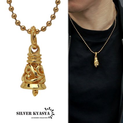 ステンレス ベルネックレス 唐草 ダブルクレーンベル シルバー ベル ペンダント 18k gp アラベスク ボールチェーン 父の日