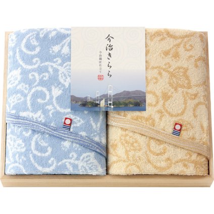 今治タオル 今治きらら [26-0140-059] 53030 フェイスタオル2枚 綿100% 約34×75cm 木箱入り 和更紗模様 情緒あふれる 色彩 丁寧な織り 木箱入 高級ギフト 日本製 国産 ブランド認定    ライン対象