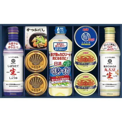 キッコーマン [26-7604-069] GK-1002R 生しょうゆ 詰合せギフト 調味料 ギフト かつおだし 貝柱水煮 紅ずわいがに 日清ヘルシーオフ さば水煮 詰め合わせ 缶詰 内祝い 出産内祝い 結婚内祝い お返し プレゼント 贈り物