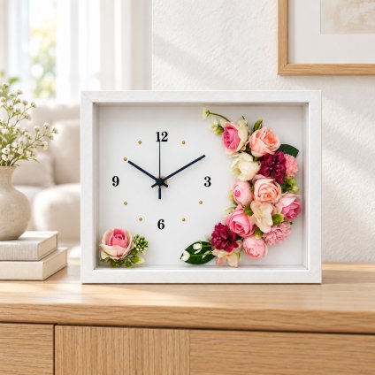 ◆花時計 ラージサイズ【BOX FLOWER フルール・クレセント】（ピンク） 置時計 （掛時計オプション有り） ハンドメイド 文字入れ可能