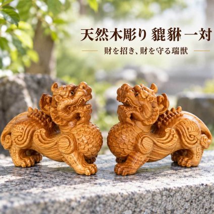 貔貅 置物 一対 天然木 木彫り 雌雄セット 金運 招財 蓄財 商売繁盛 風水 開運 玄関 リビング 店舗 オフィス 縁起物 瑞獣