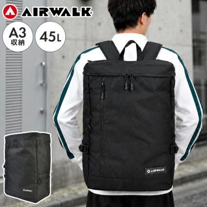 リュック Airwalk エアウォーク バックパック メンズ レディース 45L 大容量 リュックサック 大きい ボックス型 スクエア型 A4 A3 PC 収納 ポケット 部活 出張 旅行 通勤 通学 修学旅行 林間学校 2泊 3泊 アウトドア スポーツ ブランド シンプル 高校生 無地 黒 ブラック