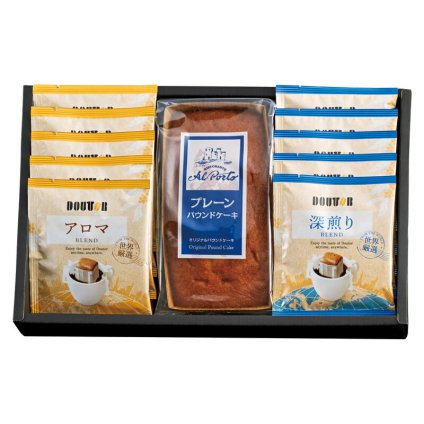 実りの秋の贈り物 アルポルト監修 プレーンパウンドケーキ & アソートセット ドトールドリップコーヒー（深煎りブレンド･アロマブレンド）（各7g）×各5、プレーンパウンドケーキ×1