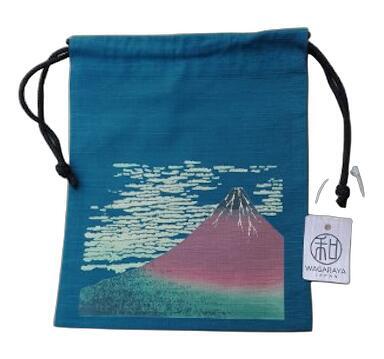 シルク100%！巾着 裏地付き【日本製】 赤富士 浮世絵 20cm×25cm