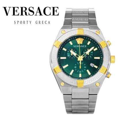 ヴェルサーチェ 腕時計 メンズ グリーン シルバー ゴールド クロノグラフ 46mm VERSACE SPORTY GRECA スポーティ グレカ スイス製 メンズ腕時計 高級 ブランド おしゃれ プレゼント ギフト 卒業 入学 お祝い