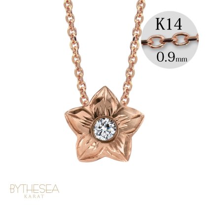 ハワイアンジュエリー ダイヤモンド ピンクゴールド ネックレス プルメリア スターフラワー 14K K14 一粒ダイヤモンド 鑑定書付 14k カットあずきチェーン太0.9mm ギフトラッピング可能 彼女 妻 女性 レディース プレゼント ハロウィン 【品番：CG-GP102R-CH123】