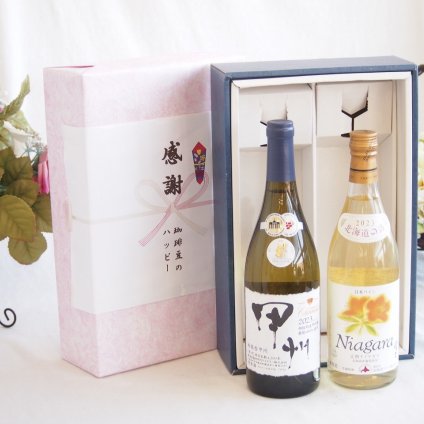 感謝の贈り物ボックス 山梨県甲州種ぶどう100%使用白ワインと国産ワインセット(北海道の詩 完熟ナイヤガラ白ワイン 甘口(北海道)720mlシャンモリ柑橘香御坂甲州白ワイン(山梨県)750ml