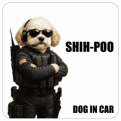 名入れ可 Shih-Poo シープー カーステッカー シール 犬 セキュリティガード風 ちょい悪 13x13cm 正方形 防水 屋外 屋内 ドッグオンボード デカール