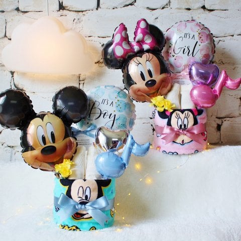 おむつケーキ ディズニー ミッキー ミニー 出産祝い 1段 男の子 女の子 オーガニック ベビーソックス 靴下 バルーン 熨斗 メッセージカード 人気 赤ちゃん 誕生日プレゼント ハーフバースデー ベビーシャワー オムツケーキ パンパース ギフト包装 送料無料 mic