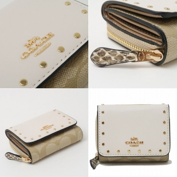 COACH クリーム色 三つ折りミニ財布　☆新品未使用品 コーチ 財布 COACH 三つ折り 財布 レディース リベット スタッズ