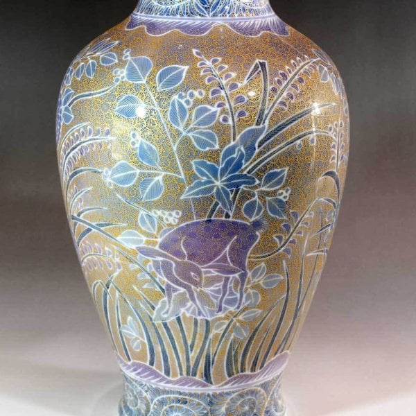 極上手・金襴手様式釉裏彩鹿景色図花瓶 陶芸作家 藤井錦彩 作 桐箱入り
