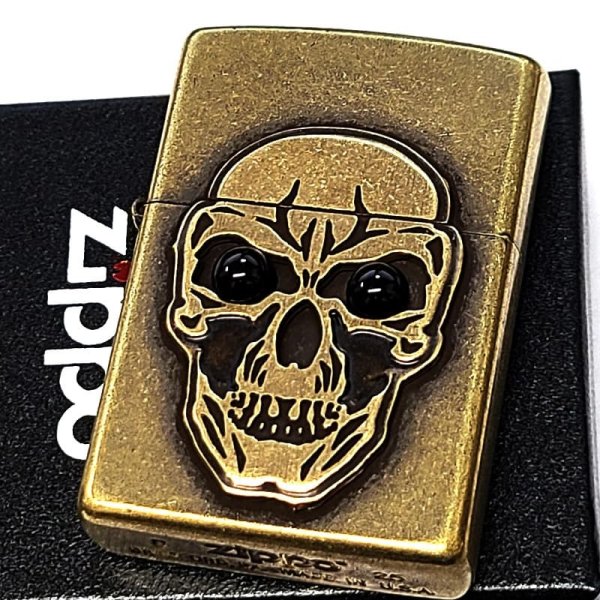 ZIPPO ライター ビッグメタル スカル＆オニキス ジッポ 真鍮バレル 