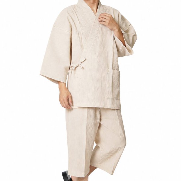 甚平 日本製 メンズ 秩父ちぢみ じんべい ロングパンツ 綿ポリ M/L