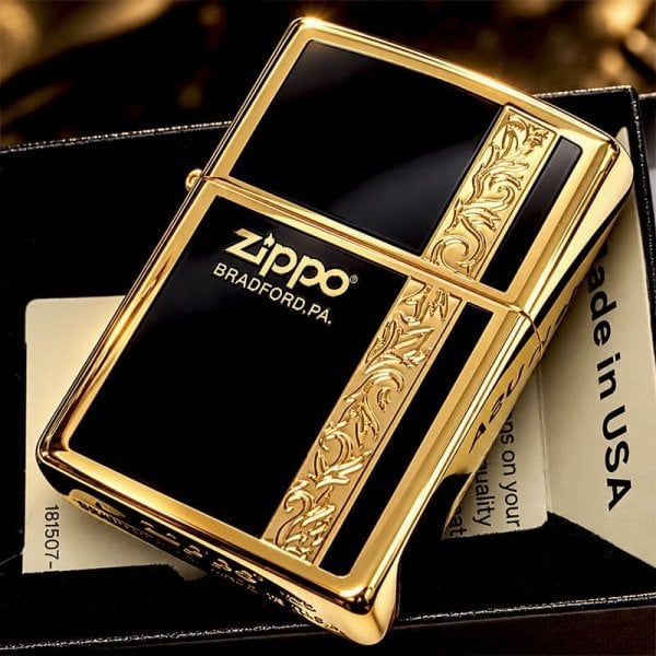 ZIPPO ライター シンプル アラベスク ライン入り ロゴ 金 両面加工
