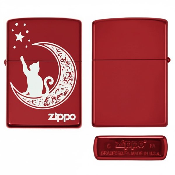 Zippo 2RED-MoonCAT レッド 猫デザイン 三日月 星 夜空 キャット 
