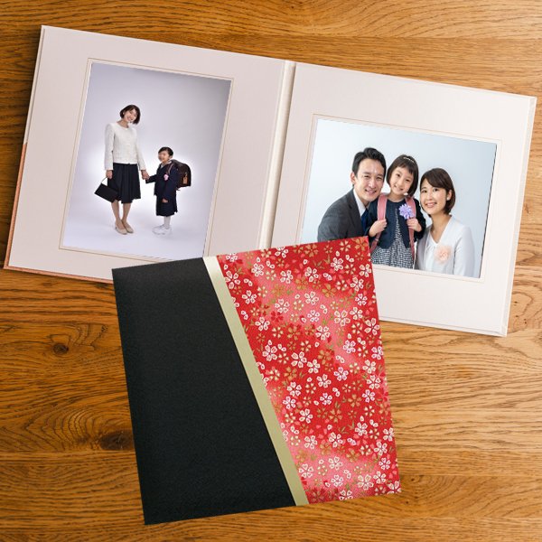 写真台紙 プリント込 【和風花柄・赤】 6ツ切 2面 オーダー作成 記念