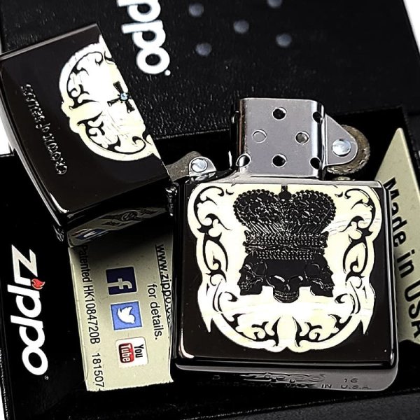 ZIPPO シェルインレイ クラウン スカル ジッポ ライター ブラック 