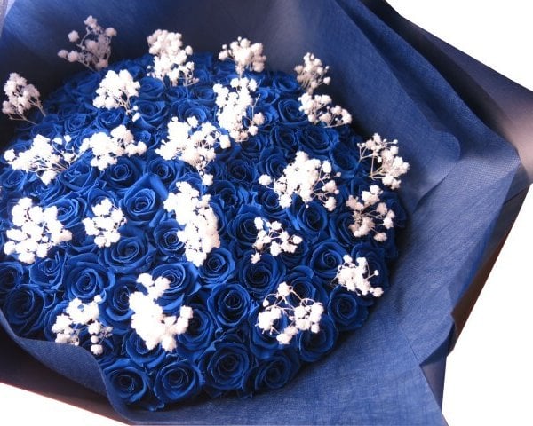 青バラ 花束 100本 カスミ草 枯れない プリザーブドフラワー使用