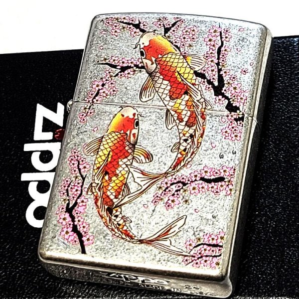 ジッポ ライター 鯉 ZIPPO 和柄 アンティークシルバー 桜 銀バレル 