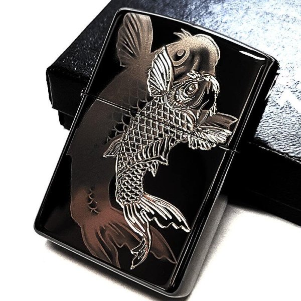 ZIPPO ライター 和柄 細密レーザー彫刻＆銀差し 鯉 ジッポ ブラック 