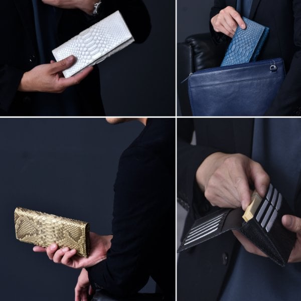 グリーン ヘビ革 長財布 専用箱付き　新品の革のお手入れクリーナー付き 長財布 パイソン ヘビ革 メンズ 札入 100万入る 薄型 本革 本物 かぶせ
