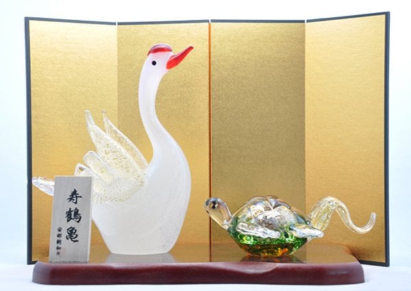 寿鶴亀 ガラス置物セット 鶴と亀の縁起物・長寿祝い・敬老の日・結婚