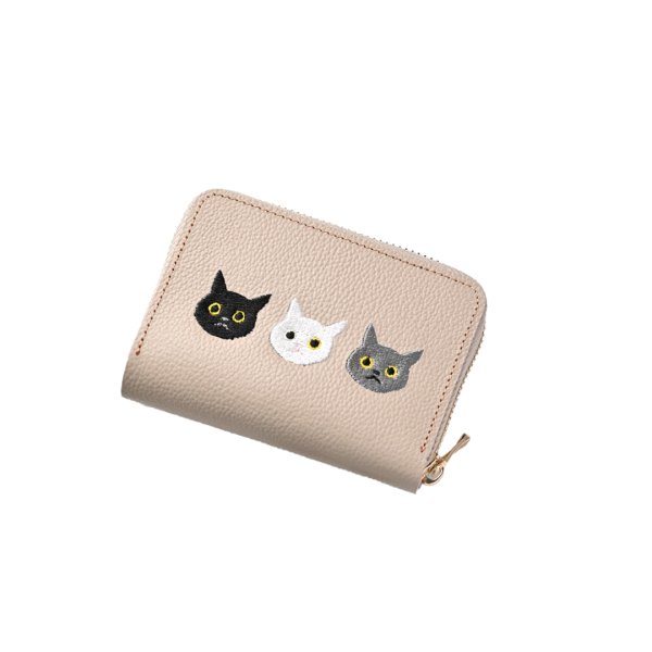 お札が折れない コンパクトウォレット 【3匹の猫】 刺繍 本革