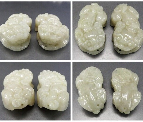 薄目豆緑色ひすいヒキュウ貔貅本翡翠硬玉天然石2点ペア置物風水物蓄財