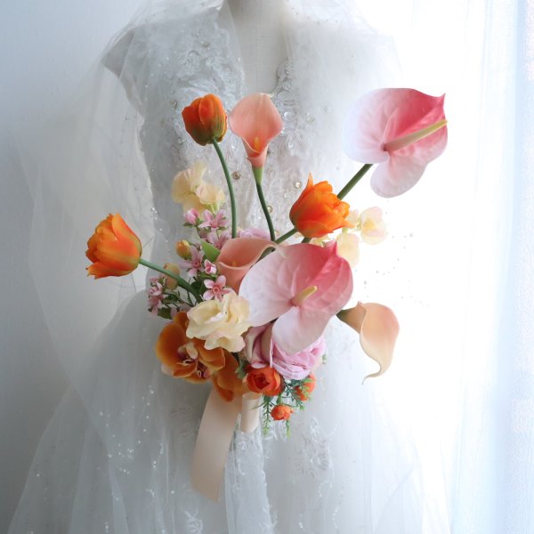 ウェディングブーケ 造花 結婚式 前撮りブーケ テラコッタ オレンジ 白 