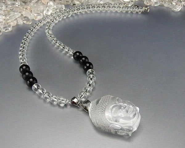 龍彫り水晶ペンダント オニキス×水晶ネックレスパワーストーン数珠御守り
