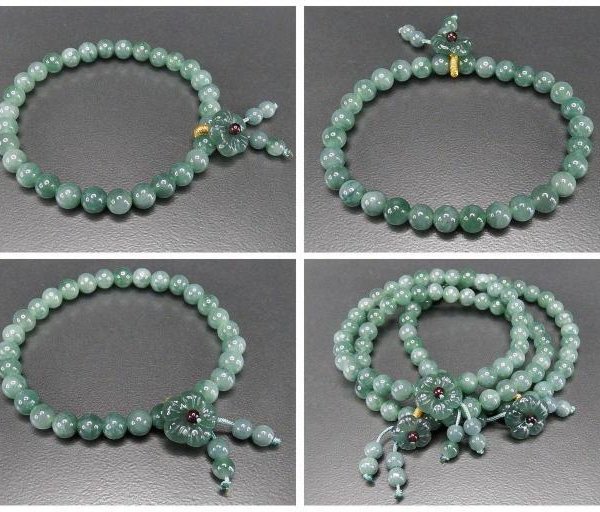 天然翡翠ブレスレット梅の花彫りチャーム付き約6mm玉濃いめ天然石本