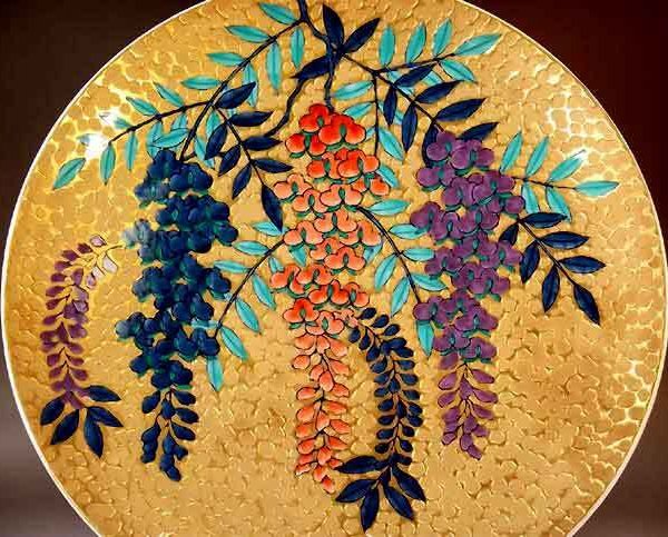 有田焼 陶芸家 藤井錦彩作】有田焼美術品 染錦黄金藤絵飾り大皿 文字 