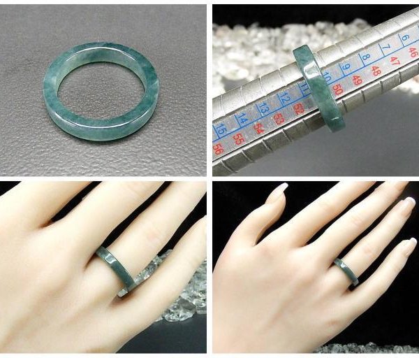 天然石青緑ひすい本翡翠指輪バンドリング直角カット約10号チェーン付き
