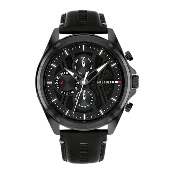 トミーヒルフィガー 腕時計 メンズ 48mm 超大きめ ブラック レザー 革 